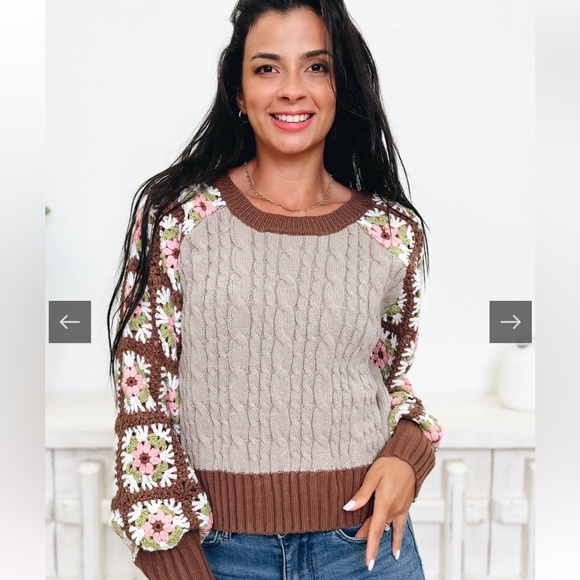 DAVI & DANI Sweaters - DAVI & DANI Brown and Beige Cable Knit Crochet-Sleeve Sweater